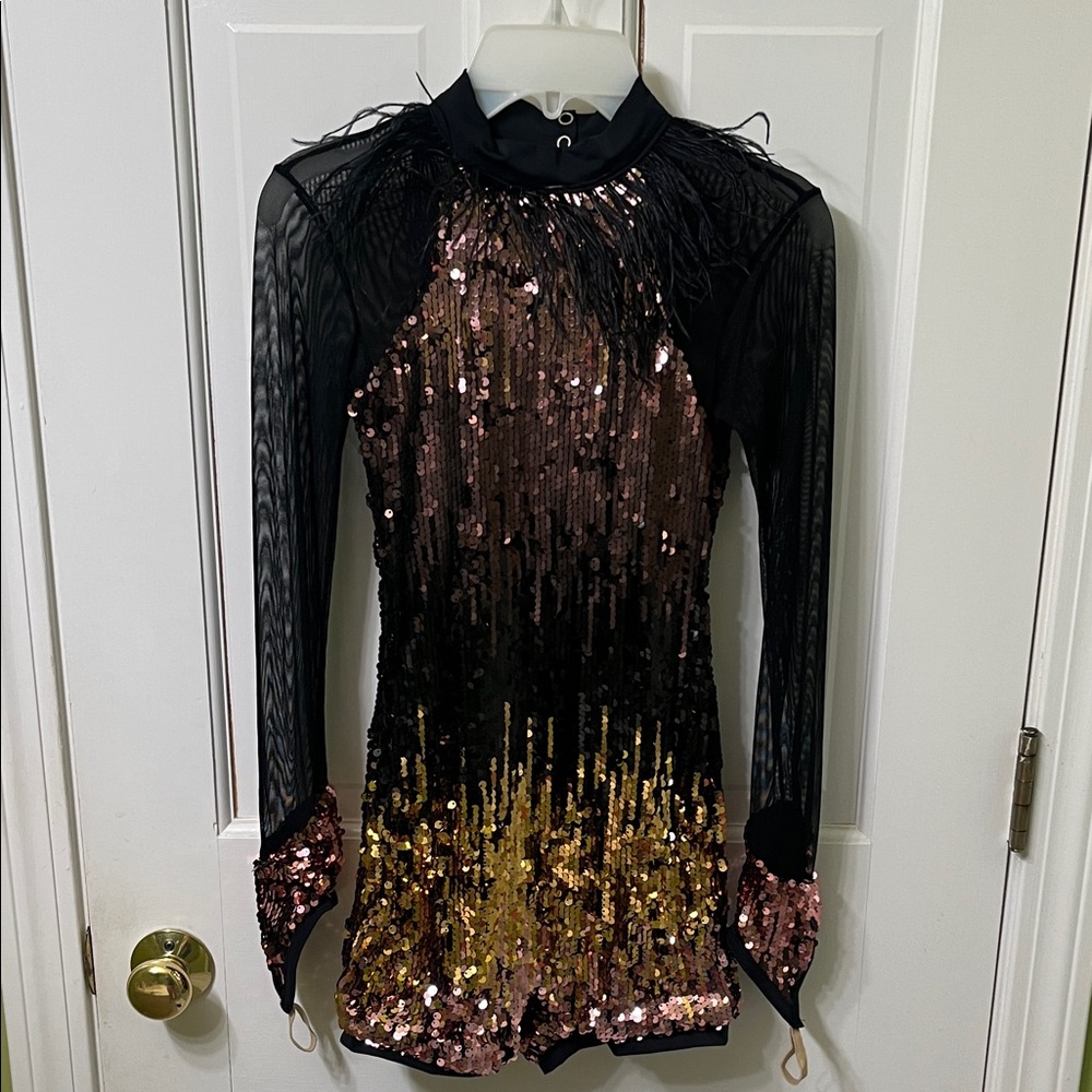 Black, Gold Metallic Long Sleeve Booty Short Bodysuit Showgirl Dance Halloween